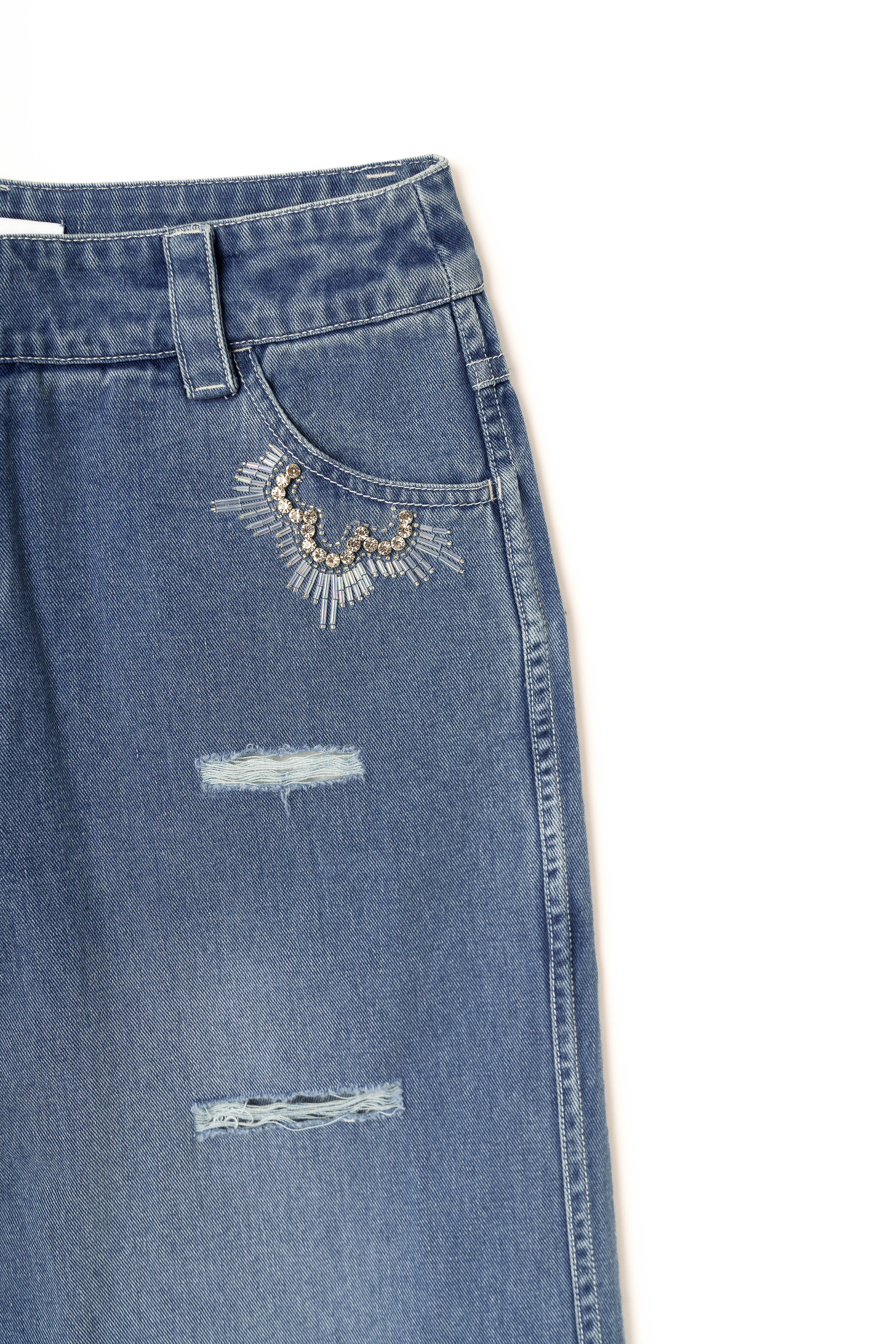 Stone Embossed & Distressed Denim Pant